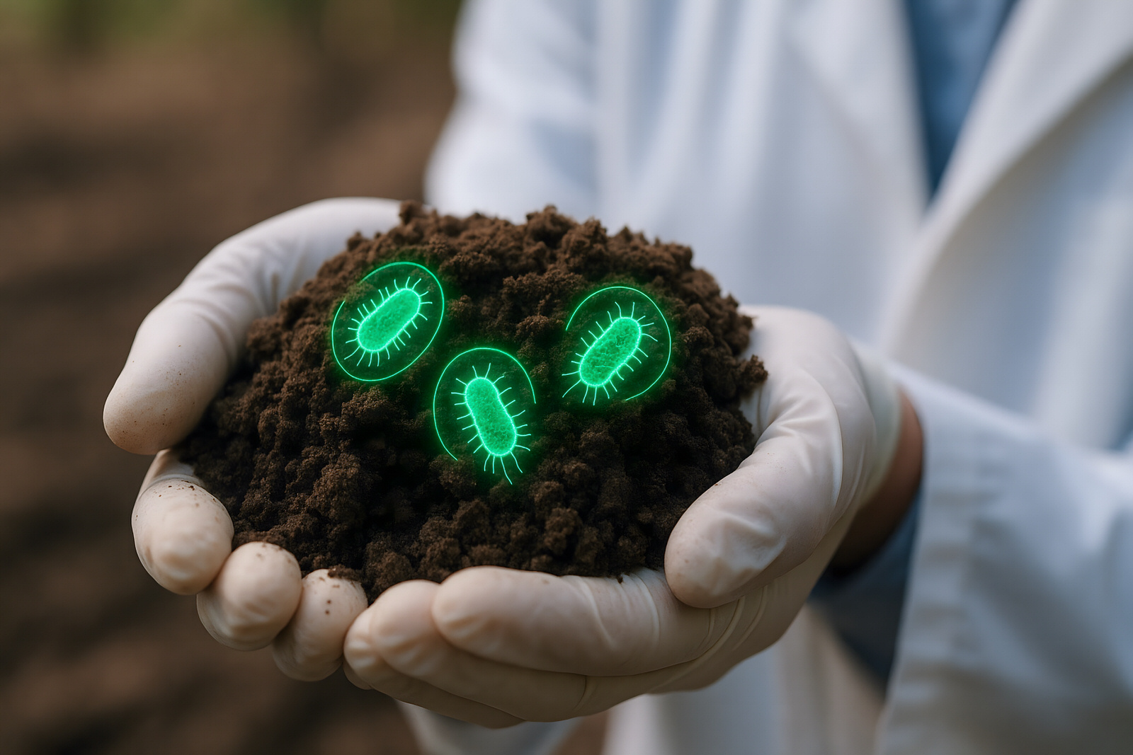 Microbes in soil sample, glowing bacteria, healthy soil, scientific research, agriculture